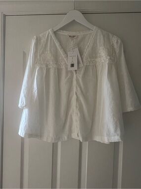 M.A.B.E.White Lace-Trim Cotton Blouse